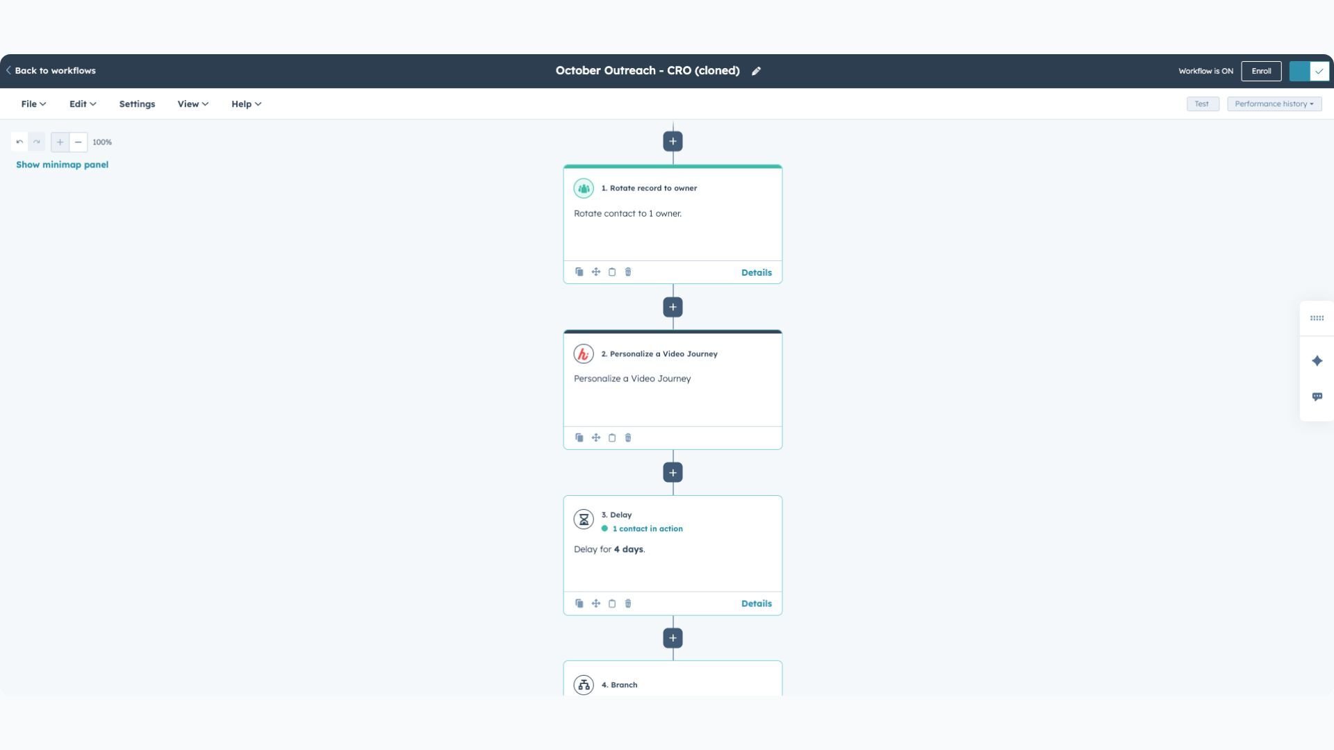 HubSpot workflow showing a Hintible personalized video recording task for automated sales outreach and follow-up