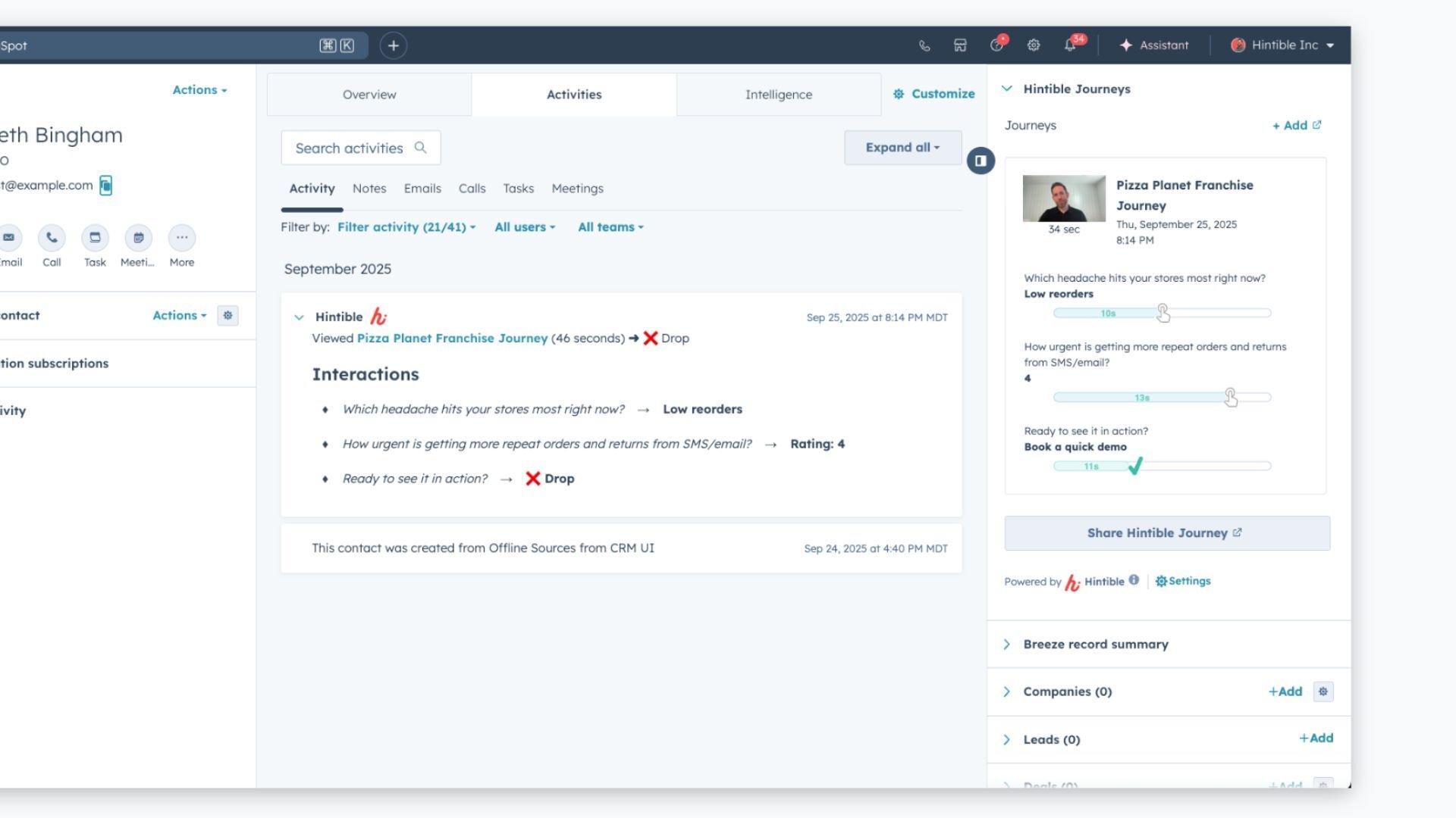 HubSpot CRM dashboard displaying Hintible buyer signals and engagement data from a completed interactive video journey